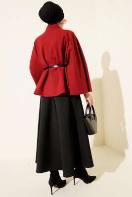 Dik Yaka Gold Düğmeli Kaşe Panço Bordo - Panço