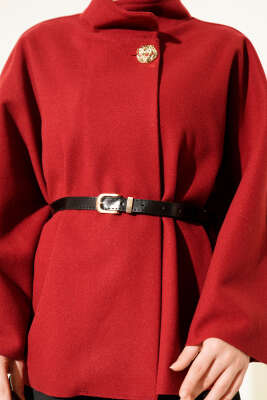 Dik Yaka Gold Düğmeli Kaşe Panço Bordo - Panço