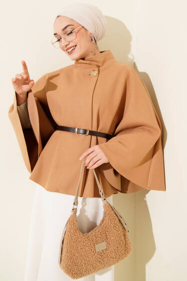 Dik Yaka Gold Düğmeli Kaşe Panço Camel - 500-700 TL Ürünler