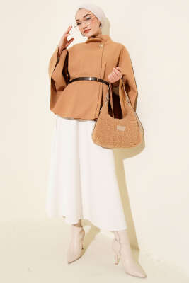 Dik Yaka Gold Düğmeli Kaşe Panço Camel - 500-700 TL Ürünler