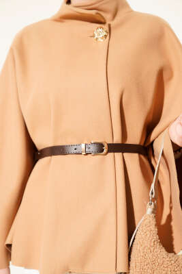 Dik Yaka Gold Düğmeli Kaşe Panço Camel - Panço