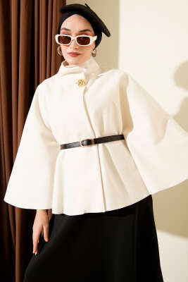 Dik Yaka Gold Düğmeli Kaşe Panço Ekru 