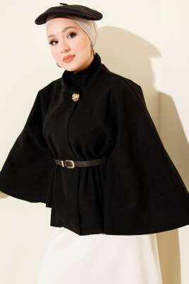 Dik Yaka Gold Düğmeli Kaşe Panço Siyah - Panço