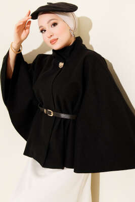 Dik Yaka Gold Düğmeli Kaşe Panço Siyah - Panço