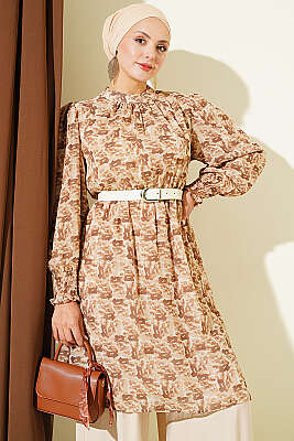 Dik Yaka Karışık Desen Şifon Tunik Camel - FENDEL