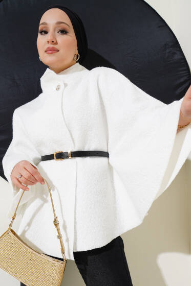 Dik Yaka Kemerli Buklet Panço Beyaz - Panço