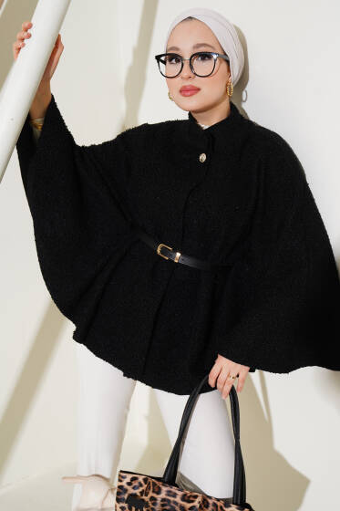 Dik Yaka Kemerli Buklet Panço Siyah - Panço