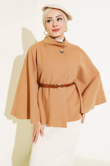 Dik Yaka Kemerli Kaşe Panço Latte - Panço