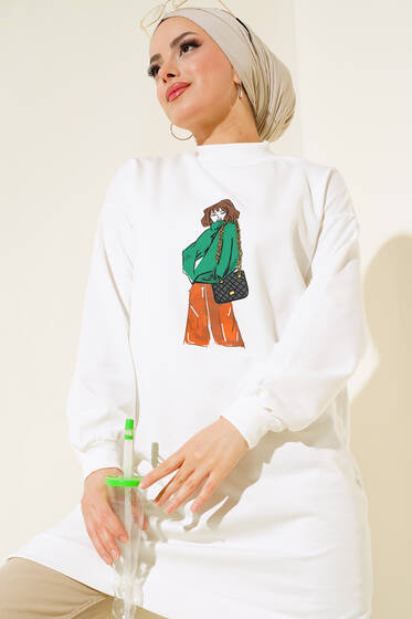 Dik Yaka Kız Baskılı Tunik Ekru - Tunik