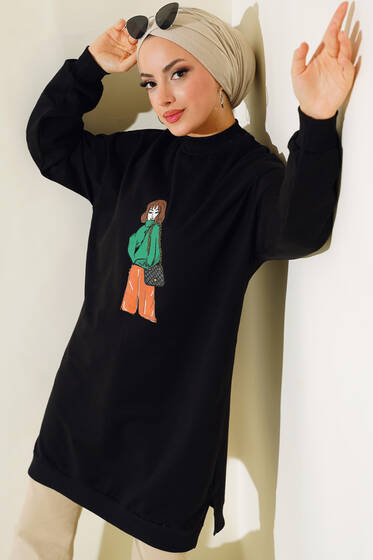 Dik Yaka Kız Baskılı Tunik Siyah - Tunik