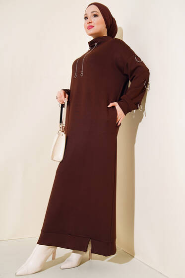 Dik Yaka Kol Halkalı Elbise Kahve - Tesettür Elbise