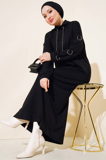 Dik Yaka Kol Halkalı Elbise Siyah - Tesettür Elbise
