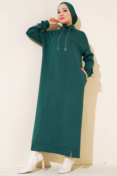 Dik Yaka Kol Halkalı Elbise Zümrüt Yeşili - Tesettür Elbise