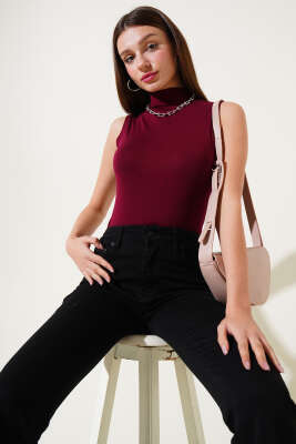 Dik Yaka Kolsuz Body Bordo - Kadın Giyim Modelleri