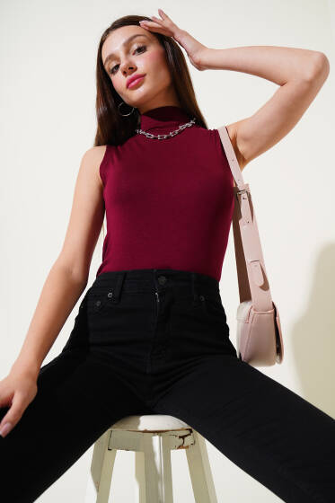 Dik Yaka Kolsuz Body Bordo - Yeni Giyim