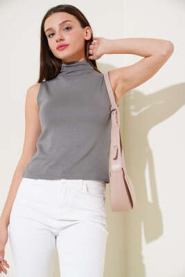 Dik Yaka Kolsuz Body Kayrak Grisi - Kadın Giyim Modelleri