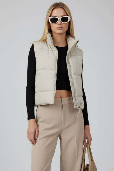 Dik Yaka Kolsuz Şişme Mont Bej - Kadın Giyim Modelleri