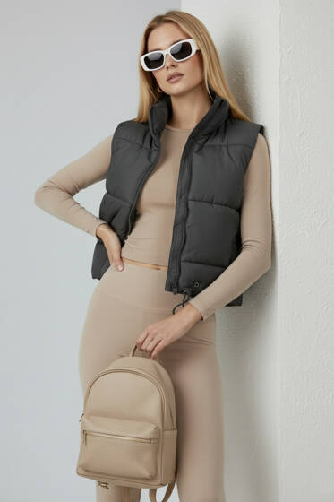 Dik Yaka Kolsuz Şişme Mont Füme - Kadın Giyim Modelleri