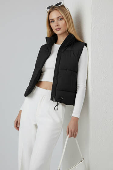 Dik Yaka Kolsuz Şişme Mont Siyah - Kadın Giyim Modelleri