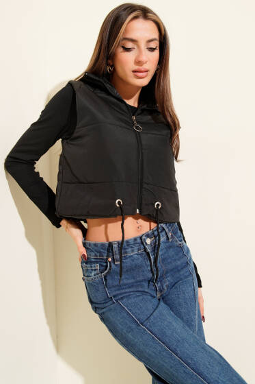 Dik Yaka Kolsuz Şişme Mont Siyah - Yılın Fırsatı