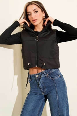 Dik Yaka Kolsuz Şişme Mont Siyah - Yılın Fırsatı