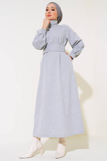 Dik Yaka Kuşaklı Elbise Gri - Tesettür Elbise
