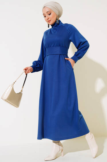 Dik Yaka Kuşaklı Elbise İndigo - Tesettür Elbise