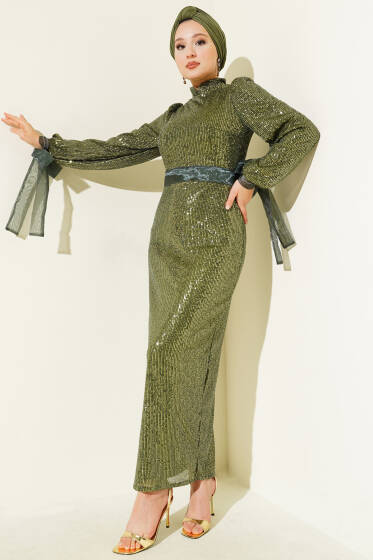 Dik Yaka Kuşaklı Pul Payet Abiye Elbise Zümrüt - Elbise