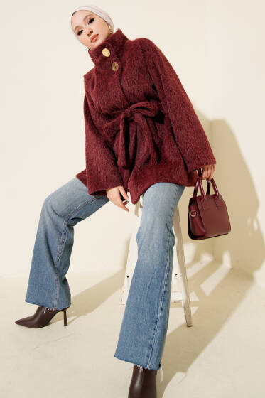 Dik Yaka Kuşaklı Sakallı Ceket Bordo - Ceket