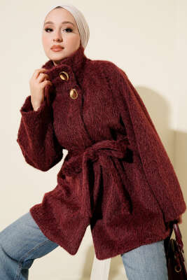 Dik Yaka Kuşaklı Sakallı Ceket Bordo - Ceket