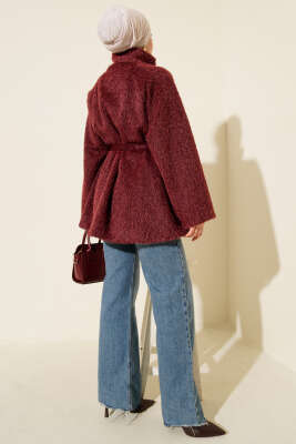 Dik Yaka Kuşaklı Sakallı Ceket Bordo - Ceket