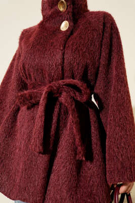 Dik Yaka Kuşaklı Sakallı Ceket Bordo - Ceket