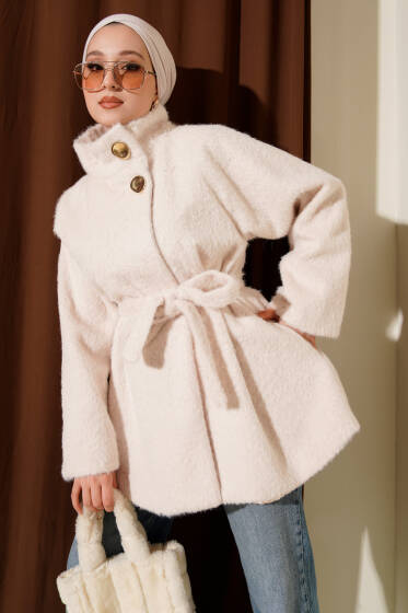 Dik Yaka Kuşaklı Sakallı Ceket Ekru - Ceket