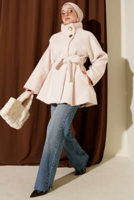 Dik Yaka Kuşaklı Sakallı Ceket Ekru - Ceket