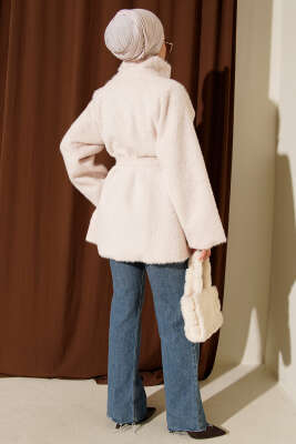 Dik Yaka Kuşaklı Sakallı Ceket Ekru - Ceket