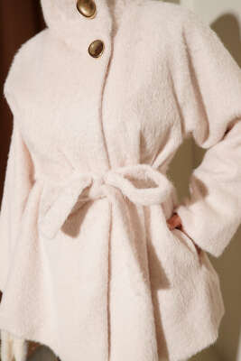 Dik Yaka Kuşaklı Sakallı Ceket Ekru - Ceket