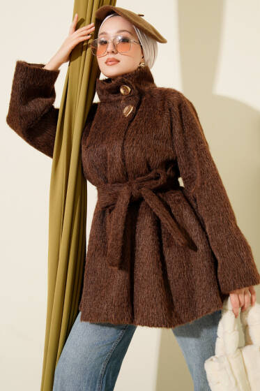 Dik Yaka Kuşaklı Sakallı Ceket Kahve - Ceket