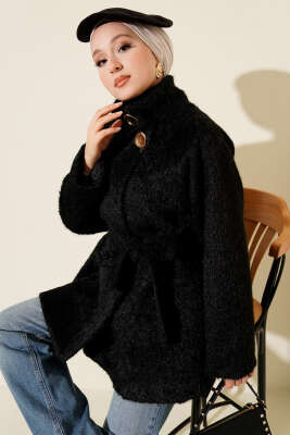 Dik Yaka Kuşaklı Sakallı Ceket Siyah - HEWES