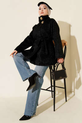 Dik Yaka Kuşaklı Sakallı Ceket Siyah - Ceket