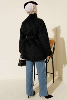 Dik Yaka Kuşaklı Sakallı Ceket Siyah - Ceket