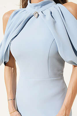 Dik Yaka Pelerin Detaylı Abiye Elbise Bebe Mavi - Kadın Giyim Modelleri