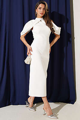 Dik Yaka Pelerin Detaylı Abiye Elbise Ekru - Kadın Giyim Modelleri