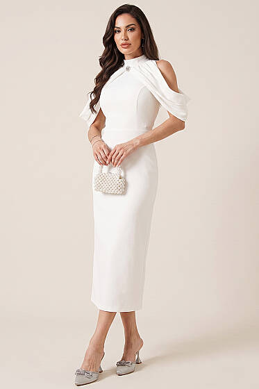 Dik Yaka Pelerin Detaylı Abiye Elbise Ekru - Kadın Giyim Modelleri