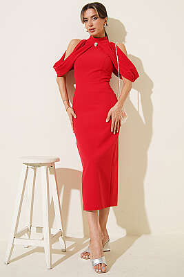 Dik Yaka Pelerin Detaylı Abiye Elbise Kırmızı - Kadın Giyim Modelleri