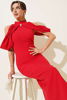 Dik Yaka Pelerin Detaylı Abiye Elbise Kırmızı - Kadın Giyim Modelleri