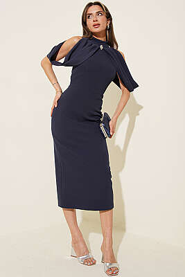 Dik Yaka Pelerin Detaylı Abiye Elbise Lacivert - Kadın Giyim Modelleri