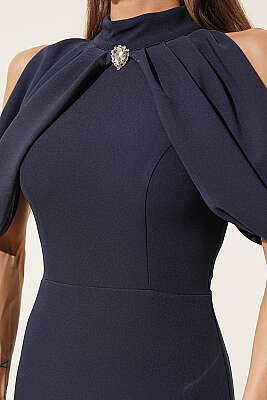 Dik Yaka Pelerin Detaylı Abiye Elbise Lacivert - Kadın Giyim Modelleri