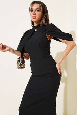 Dik Yaka Pelerin Detaylı Abiye Elbise Siyah - Kadın Giyim Modelleri