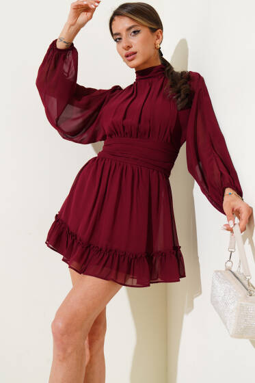 Dik Yaka Şifon Mini Elbise Bordo - Kadın Giyim Modelleri