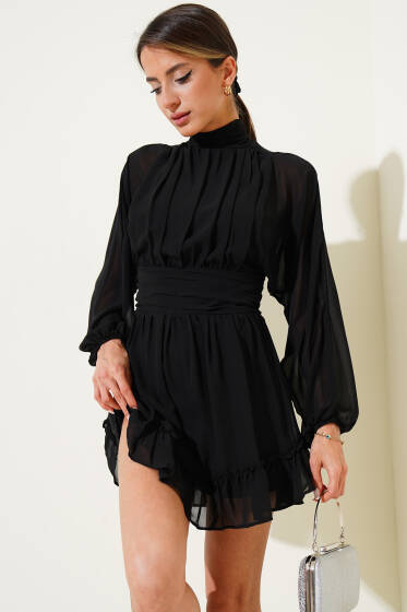 Dik Yaka Şifon Mini Elbise Siyah - Kadın Giyim Modelleri